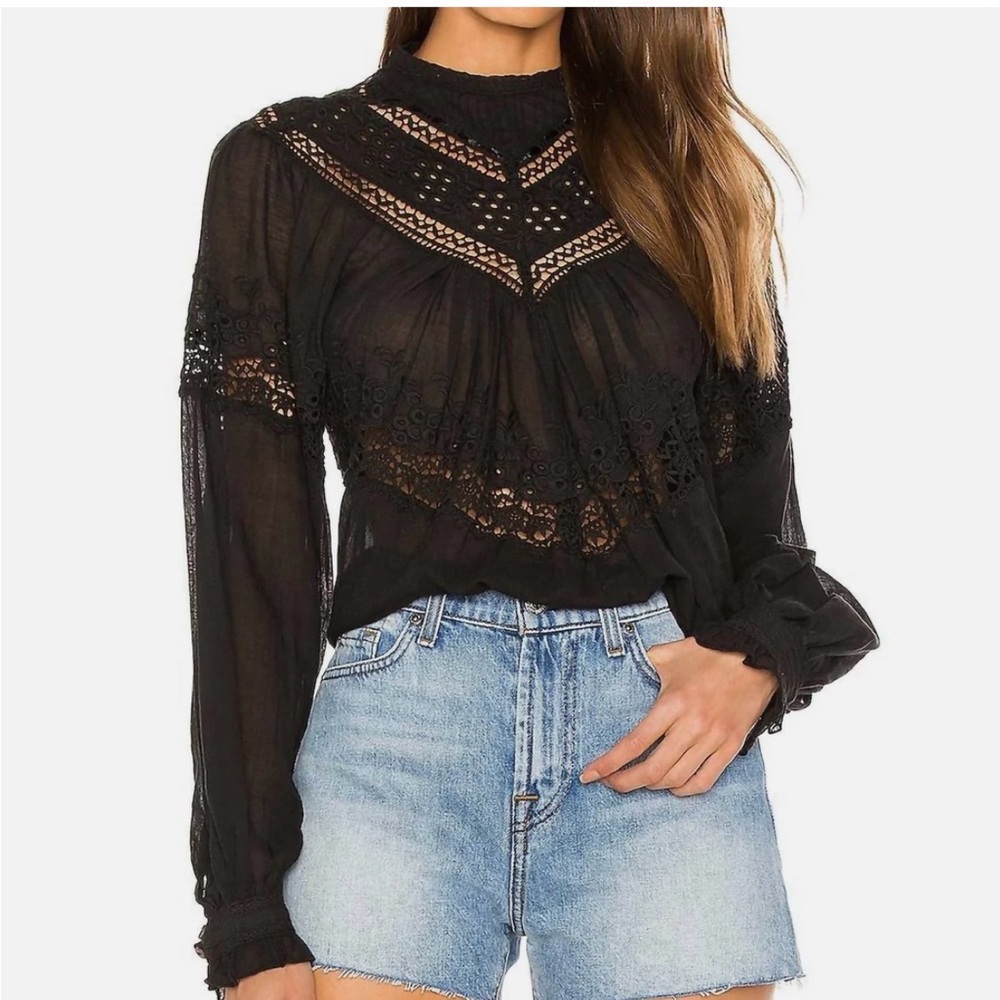 Free People Abigail Sheer Lace Panel Black Long-Sleeve Top